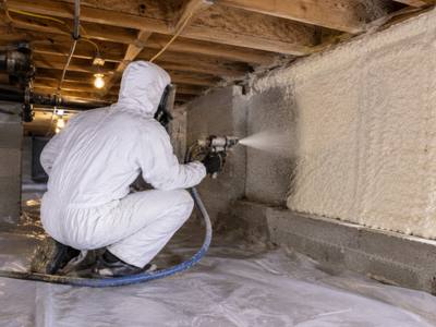 Crawl space wall being sealed in full protective gear