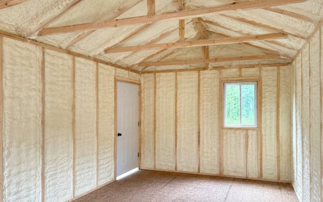 Detached garage insulated with spray foam across the walls and up into the roof