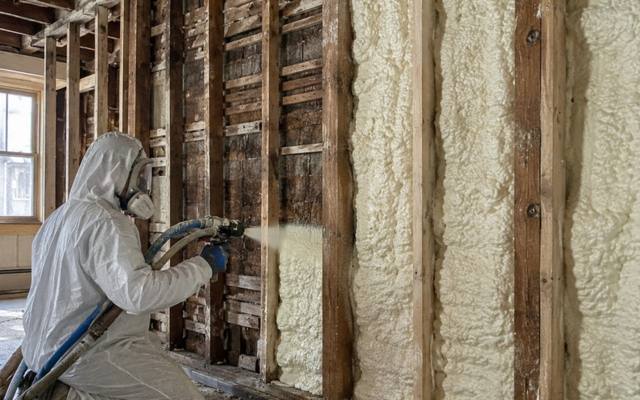 Old wall stripped to the framing and re-insulated with spray foam