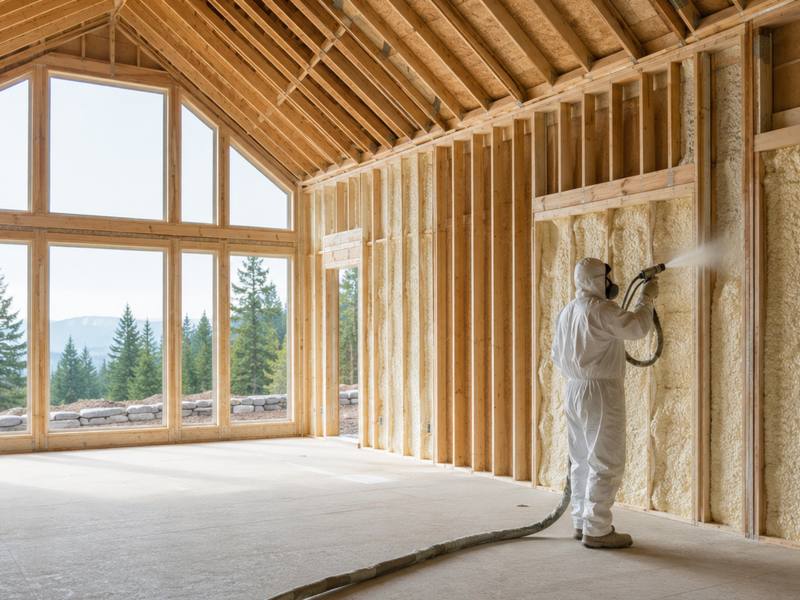 Two-floor great room in a new Orillia build with every stud bay filled with spray foam insulation
